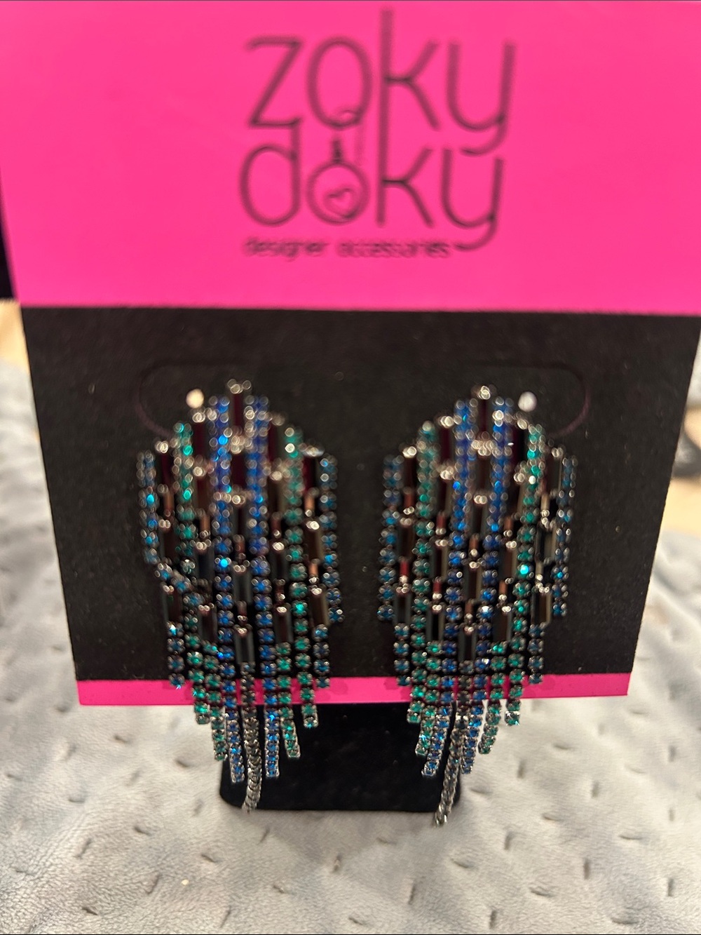 Statement Blue-Green Crystal Waterfall Dangle Earrings-NWT